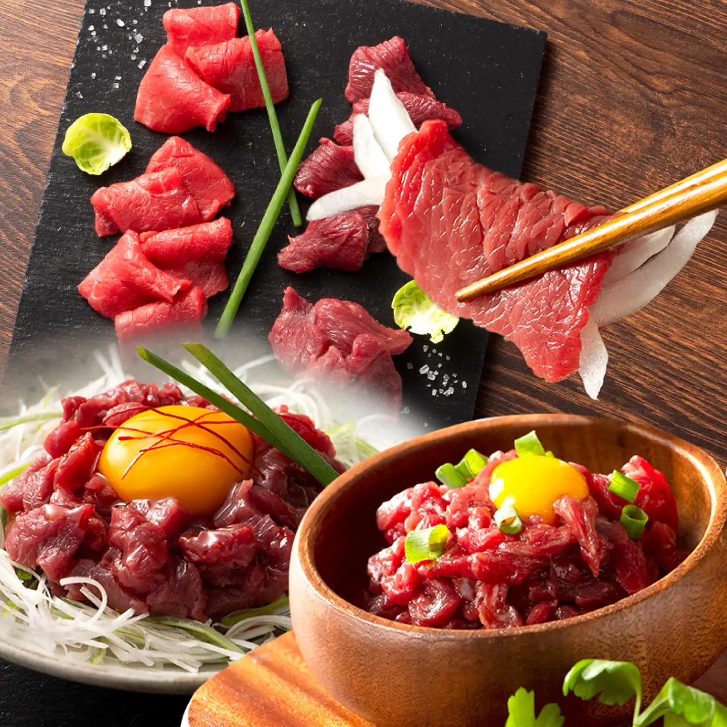 【本場・熊本特産】馬刺し4種の食べ比べセット（ふじ馬刺し上赤身・ユッケ・国産馬刺し赤身・ユッケ） 計約260g【亀井通産株式会社】[AYBQ104]
