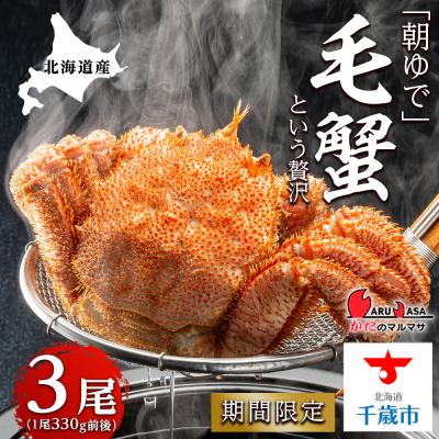 ふるさと納税 千歳市 北海道産【朝ゆで】毛ガニ(330g前後)3尾 期間限定!≪かにのマルマサ≫