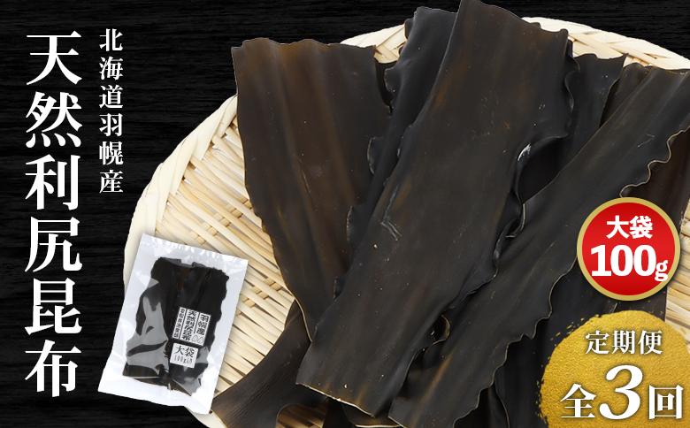 【定期便:全3回】 北海道羽幌町産 天然利尻昆布 大袋 100g ｜ 昆布 天然昆布 こんぶ  コンブ オンライン 申請 ふるさと納税 北海道 羽幌 利尻昆布 高級昆布 定期便 出汁 だし 昆布巻き 煮物 佃煮 北海道産昆布 羽幌町【28007】