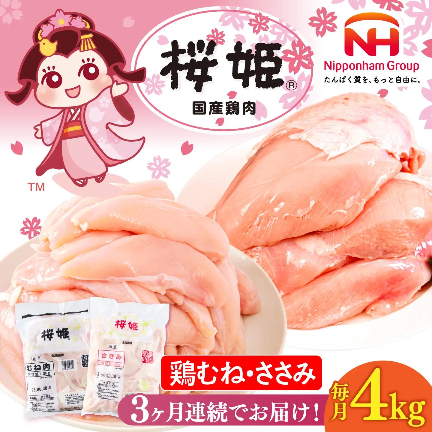 【全3回定期便】桜姫ヘルシーセット 計4kg（鶏むね・ささみ 各2kg）【東日本フード株式会社】 国産 鶏 むね肉 ムネ ささみ ささみ肉 冷凍 北海道 [AXBM059]