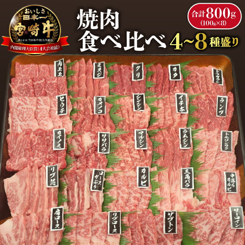 【ふるさと納税】内閣総理大臣賞4連覇 宮崎牛 食べ比べ 4種 ～ 8種 計 800g セット 小分け 100g ずつ 肉質 4等級以上 ウデ モモ バラ ロース 国産 冷凍 希少部位 牛肉 焼肉 肉 和牛 ブランド牛 バーベキュー 宮崎県 延岡市 お取り寄せ お取り寄せグルメ 送料無料