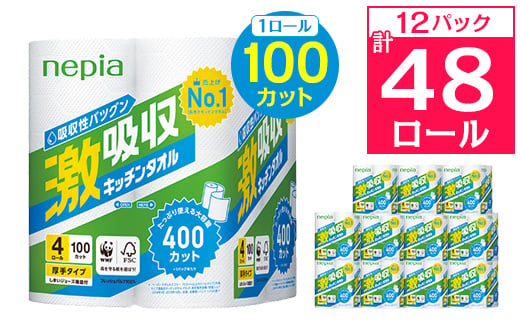 ネピア激吸収キッチンタオル4ロール　2枚重ね　100カット　(12パック)_ 送料無料 キッチンペーパー 日用品 生活用品 まとめ買い ペーパータオル キッチン用品 厚手 【1209619】
