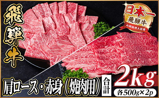 飛騨牛　厳選肩ロース・赤身(焼肉・BBQ用)　計2kg(各500g×2)　黒毛和牛　小分け【配送不可地域：離島】