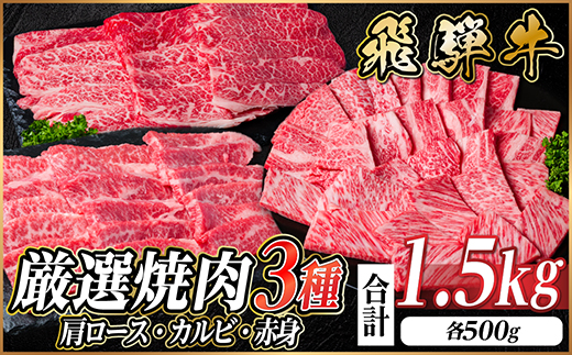 飛騨牛　厳選焼肉3種(肩ロース・カルビ・赤身)　1.5kg(各500g)　黒毛和牛　小分け【配送不可地域：離島】