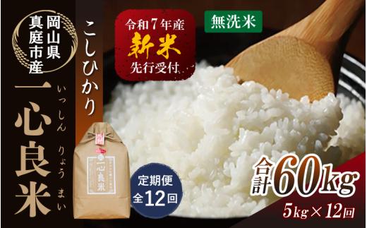 【令和7年産先行予約】＜全１２回定期便＞ 真庭市産コシヒカリ 米ぬか 牡蠣栽培米 『 一心良米 』 無洗米 ５ｋｇ×１２回（定期便） / お米 いっしんりょうまい 岡山県 真庭市 無洗米 米 コシヒカリ こしひかり 人気 ブランド米 新米 先行予約 定期便 令和7年産 2025年産