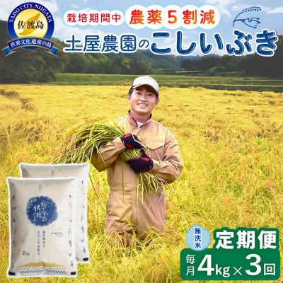 ふるさと納税 佐渡市 【毎月定期便】佐渡島産こしいぶき 無洗米4Kg 土屋農園 農家直送 栽培期間中農薬5割減　全3回