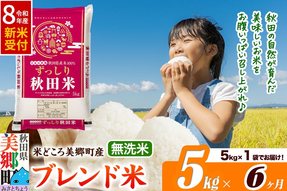 
                  《令和8年産 新米受付》米《定期便6ヶ月》ブレンド米【無洗米】精米 5kg（5kg×1袋）秋田県美郷町産 [5kg袋 お米 こめ ご飯 ごはん 米どころ 秋田県産 美郷町]
                