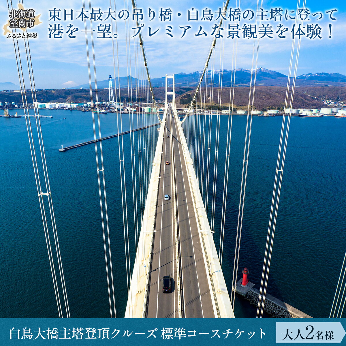 【ふるさと納税】白鳥大橋主塔登頂クルーズ 標準コースチケット 大人2名様 【 ふるさと納税 人気 おすすめ ランキング 北海道 室蘭 大人 2名 クルーズ チケット 観光 プライベート イベント 休日 北海道 室蘭市 送料無料 】 MROX008