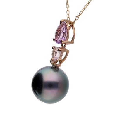 ふるさと納税 神戸市 【桔梗】黒蝶真珠(タヒチパール) アメジスト ローズクォーツ K18ピンクゴールド ペンダントトップ |  | 01