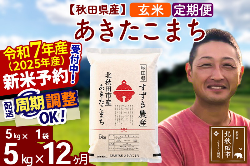 ※令和7年産 新米予約※《定期便12ヶ月》秋田県産 あきたこまち 5kg【玄米】(5kg小分け袋) 2025年産 お届け周期調整可能 隔月に調整OK お米 すずき農産