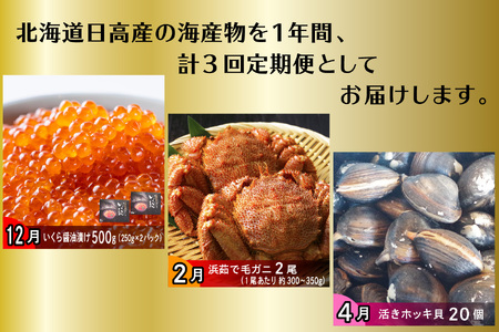 ＜12月から順次発送＞　【 定期便 3回 】 北海道産 海の幸 定期便 いくら 500ｇ ( 250 ｇ × 2 パック ) 毛がに 2尾 活きホッキ貝 20個 北海道 新ひだか町  ＜ 予約受付 ＞