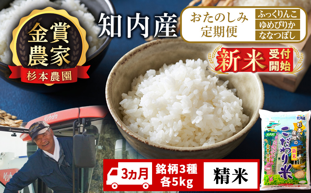 【令和8年産新米予約】〈3ヵ月定期便〉毎月変わる品種をお届け★≪ふっくりんこ、ゆめぴりか、ななつぼし　各5kg≫