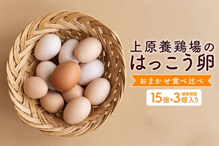 訳あり はっこう卵 3～4種 おまかせ 食べ比べ 15個 +破卵保障3個 卵 種類 サイズ お任せ 訳アリ 3種 4種 白卵 赤卵 青卵 烏骨鶏 有精卵 軍鶏 アローカナ たまご タマゴ 食比べ 生卵 味卵 目玉焼き ゆで卵 沖縄 産地直送 上原養鶏場 沖縄県 糸満市 115-1