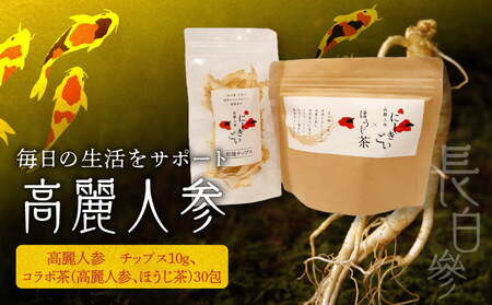 128-31　高麗人参  乾燥チップス10ｇ、コラボ茶（高麗人参、ほうじ茶）30包_V28-0031