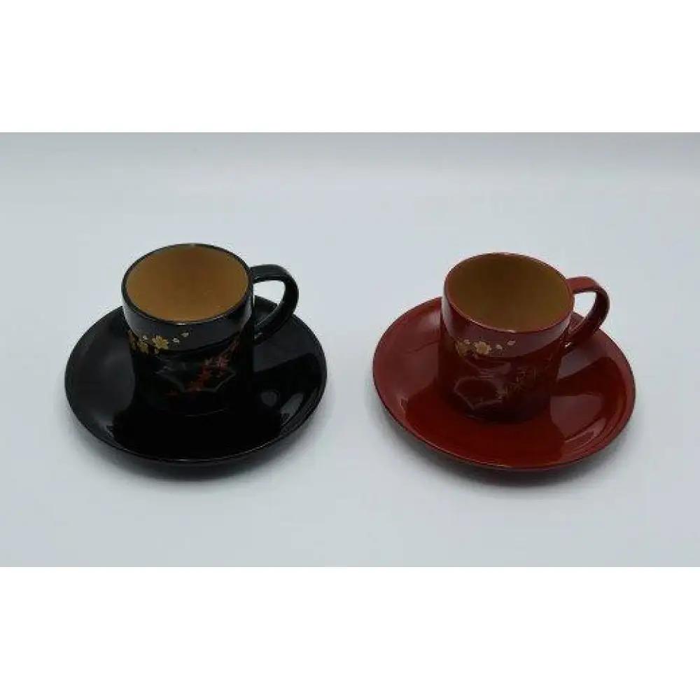 輪島塗　ペアコーヒーカップ（蒔絵・春秋）