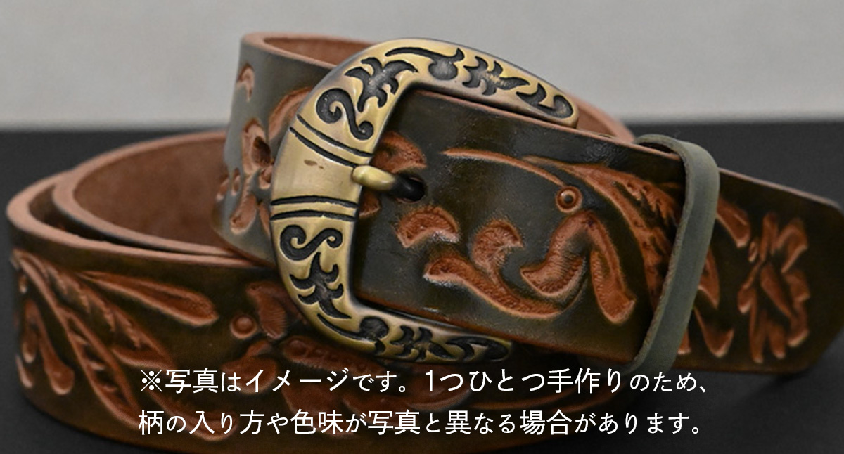 【 数量限定 】 牛革ベルト （フラワーオリーブグリーン） 【太さ35mm、厚さ3.7mm、長さ130cm】 牛革 牛 革 皮 ベルト 手作り ハンドメイド [BE030ya-L] フラワーオリーブグ