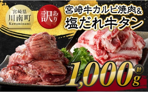 ※発送時期が選べる※【訳あり】 宮崎牛カルビ焼肉＆塩だれ牛タン　計1,000g 【 肉 宮崎牛 カルビ 牛肉 牛たん たん 厚切り 塩ダレ 塩だれ タン 味付き BBQ 焼肉 焼き肉 焼くだけ おかず 簡単調理 】[E11148]