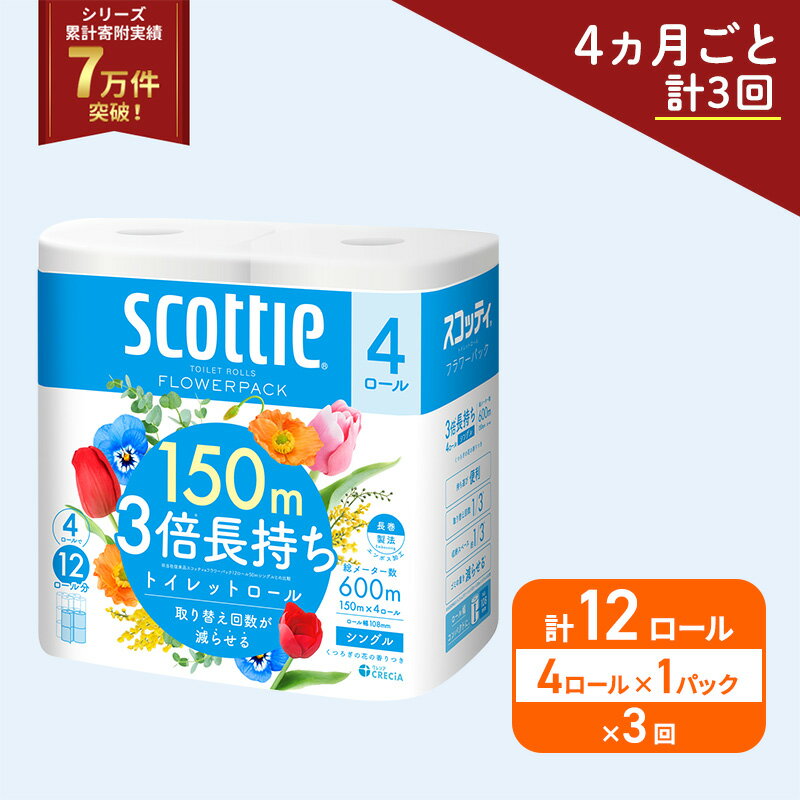 【ふるさと納税】 定期便 トイレットペーパー シングル 香り付き 4R×1P (4ヶ月ごと計3回) 3倍長持ち スコッティ フラワーパック 高品質 上質 日本製 ふんわり 柔らか 日用品 防災 備蓄 消耗品 生活用品 生活雑貨 必需品 簡単 便利 らく コンパクト 送料無料 宮城県 岩沼市