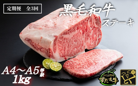 定期便 3回お届け すだち牛黒毛和牛（ステーキ用）1kg　鳴門　すだち牛　黒毛和牛　ブランド牛　高級　敬老の日　お歳暮　定期便　ステーキ　