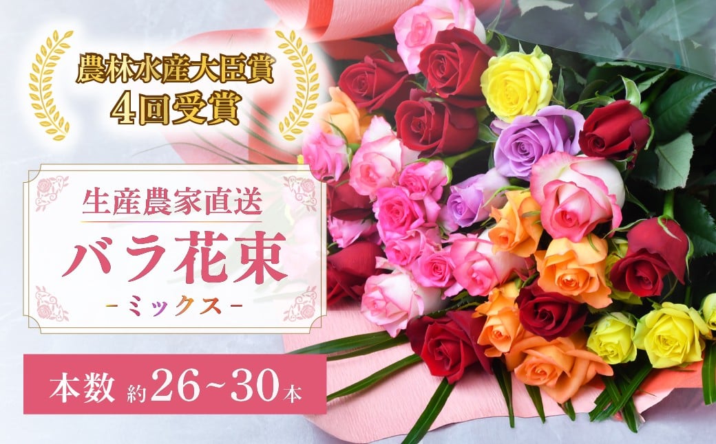 
            ＜配送エリア限定・着日指定必須＞生産農家直送 バラ 花束 新鮮 Mix 約26～30本 | バラ ばら 薔薇 ローズ Mix 多品種 花束 着日指定可能 誕生日 記念日 お祝い ラッピング リボン ギフト 農林水産大臣賞 プレゼント 贈り物 常温 生花
          