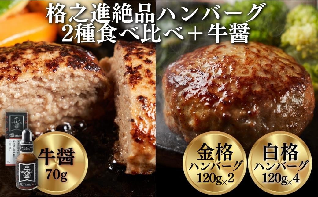 
                  《格之進》ハンバーグ ギフトセット 2種 4個 牛醤付き〈金格ハンバーグ2個、白格ハンバーグ2個〉《ギフト対応》 ハンバーグ 高級 国産 冷凍 冷凍食品 肉 ギフト お中元 お歳暮 小分け 個包装 無添加 惣菜 おかず 弁当 ハンバーグ 国産牛 黒毛和牛 お取り寄せ 人気  岩手県 一関市
                