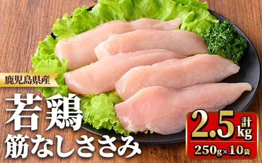 y533 鹿児島県産若鶏筋なしささみ(計2.5kg・250g×10袋) 国産 九州産 鹿児島県産 鶏肉 鳥肉 鶏 とり 若鶏 冷凍 ささみ ササミ 筋なし 小分け 真空 【TRINITY】