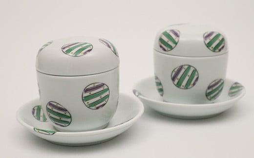 
             工房 賜光窯 有田焼 丸紋 台付ペア ナツメ蒸碗 A18-214
          