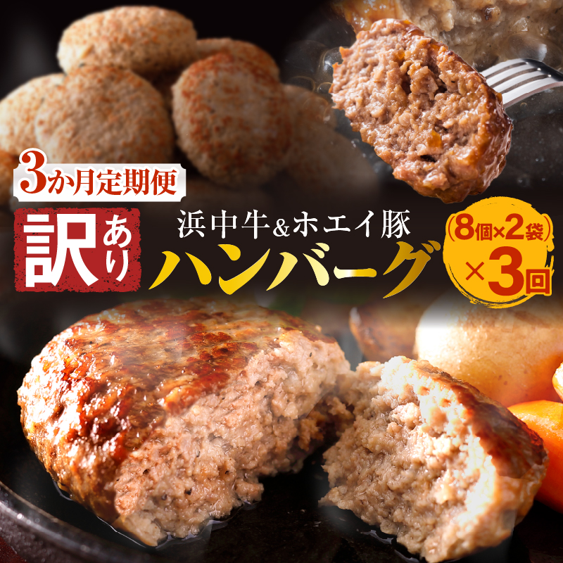 ＜全3回定期便・連続＞【訳あり】浜中牛＆ホエイ豚ハンバーグ定期便（計48個）_H0019-103