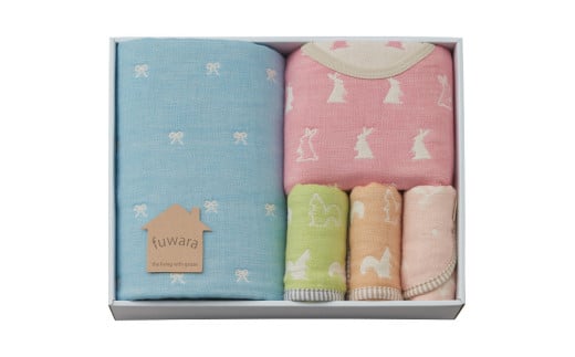 【G0610】ふわら　ガーゼケット・スリーパー・スタイ・ハンカチセット：配送情報備考　化粧箱入(ピンク)