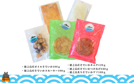 徳之島の漁師が荒波で釣り上げたそでいか 5種の極み ボイル・スモーキー・いかキムチ・つけあげ ・炙りげそ（ ５つの美味しさ ソデイカ いか イカ ）