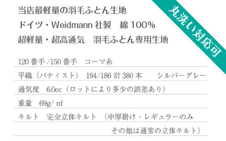 羽毛肌掛け布団 シングル 480dpホワイトグースダウン　滋賀県長浜市/株式会社沢田商店[AQCH002]