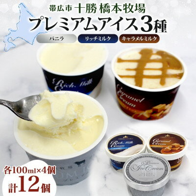 【ふるさと納税】十勝橋本牧場 プレミアムアイス 全味食べ比べセット(3種×各4個)【配送不可地域：離島・沖縄県】【1675556】