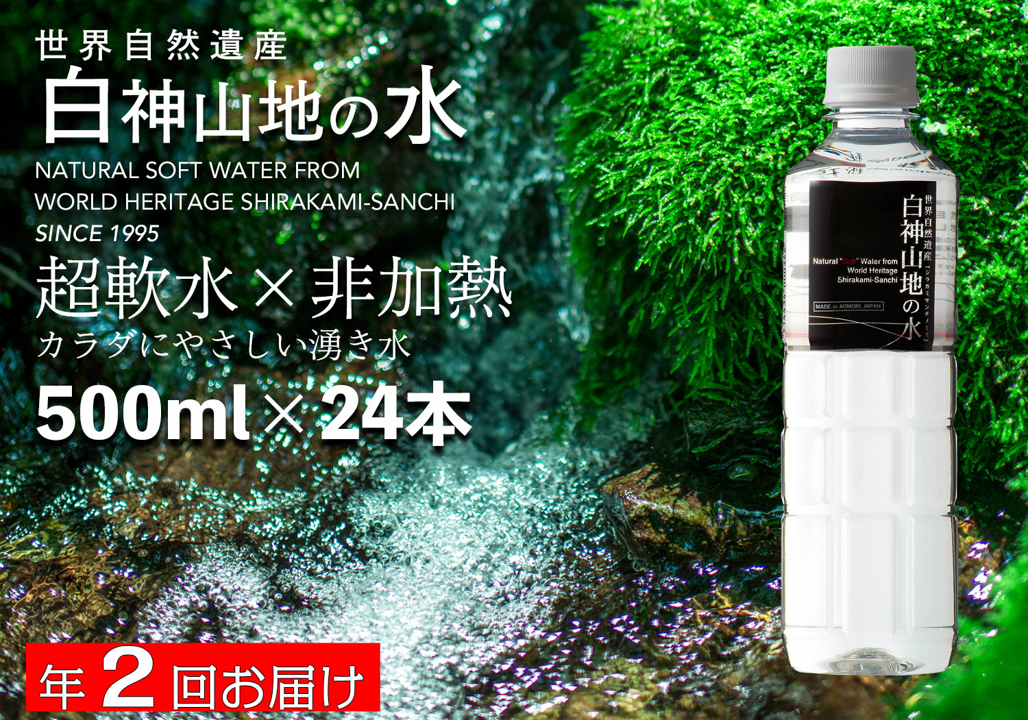 
白神山地の水500ml×24本 年2回お届け！！定期便 ナチュラルウォーター 飲料水 軟水 超軟水 非加熱 弱酸性 湧水 湧き水 水 ウォーター ペットボトル 青森県 鰺ヶ沢町 国産
