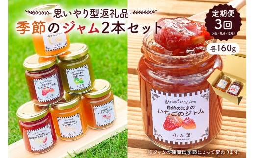 
                  【定期便　思いやり型返礼品】季節のジャム2本セット（160ml×2本）×3回（4月・8月・12月）お届け mi0049-0007 【フルーツ 果物 手作り パン ヨーグルト いちご いちじく 温州みかん ゆず マーマレード 夏みかん 梅 プラム ブルーベリー 梨 りんご プルーン】
                