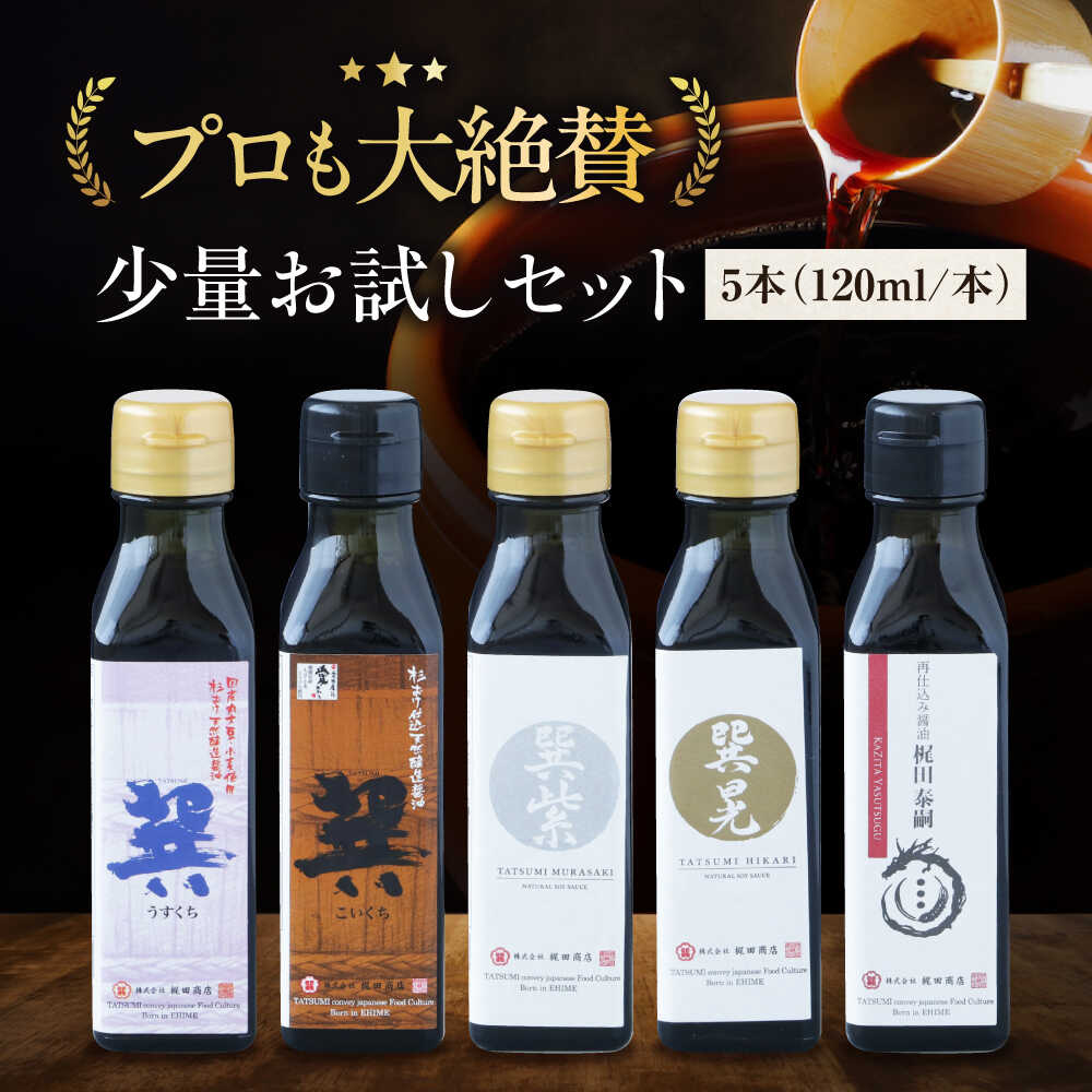 【ふるさと納税】醤油 お試しセット（巽淡口 巽濃口 紫 晃 再仕込み醤油梶田泰嗣）120ml×5本セット ミニボトル 本醸造 天然醸造 丸大豆 だし醤油 さいしこみしょうゆ 調味料 醤油 しょうゆ セット 食べ比べ 国産 おすすめ 人気 愛媛県大洲市/株式会社梶田商店[AGBB046]