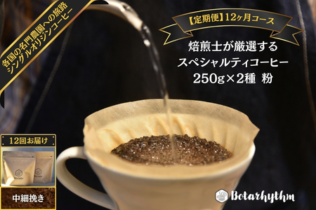 【定期便】スペシャルティコーヒー豆 焙煎士セレクト 250g×2種【粉】 12ヶ月 mi0043-0008  珈琲 ｺｰﾋｰ 豆 ｾｯﾄ 浅煎り 深煎り