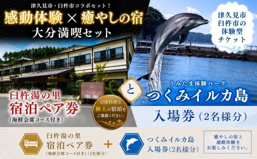 臼杵湯の里宿泊ペア券（海鮮会席コース付き）とうみたま体験パーク「つくみイルカ島」入場券 (2名様分) | チケット ペア入場券 利用券 宿泊券 体験型 観光 ホテル 温泉 コース料理 水族館 ふれあい 九州 大分県 津久見市