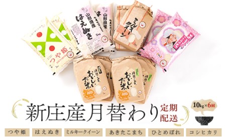 【6回定期便】米食味鑑定士厳選 新庄産米（精米） 月替わり「つや姫」「はえぬき」「コシヒカリ」「ミルキークイーン」「ひとめぼれ」「あきたこまち」各10kg 米 お米 おこめ 山形県 新庄市 F3S-2654