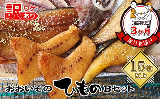 159-2003-07　【定期便3か月】おおいその干物Bセット（15枚以上）／ 季節で変わる旬な訳あり品 【 ひもの 魚 天日干し 神奈川県 大磯 湘南 特産品 3回お届け 神奈川県 大磯町 自家製干物 贈答品 地魚 お歳暮・お中元】