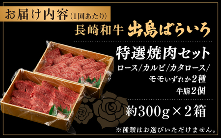 【全3回定期便】【日本一の和牛】長崎和牛 出島ばらいろ 特選焼肉 セット （ロース カルビ カタロース モモ のいずれか2種類）約300g×2 【合同会社　肉のマルシン】[RCI046]