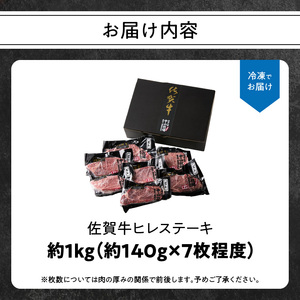 【最速配送】佐賀牛 ヒレステーキ 約1kg ／ 焼肉 ヒレ 【E027】