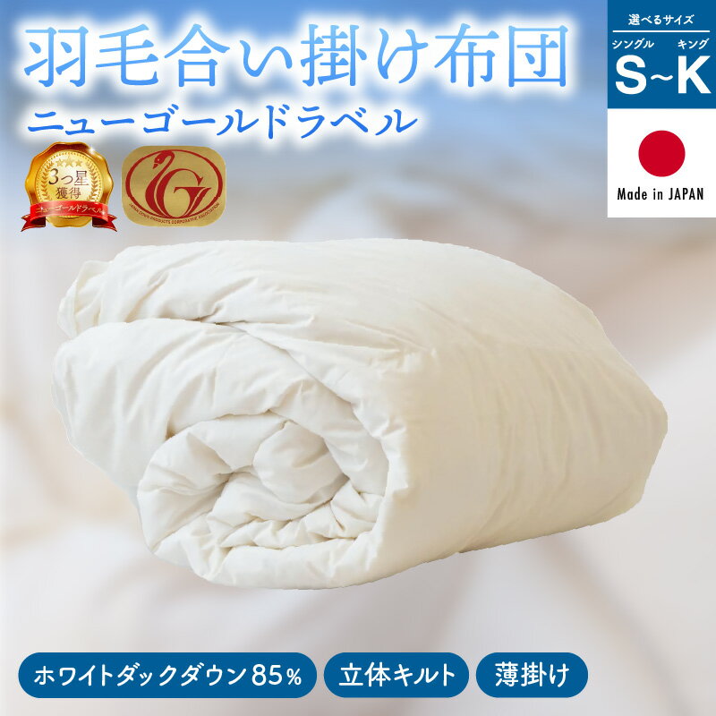 【ふるさと納税】羽毛合い掛け布団 ニューゴールドラベル ＜シングル/セミダブル/ダブル/クイーン/キング＞オールシーズン 合掛け 薄掛け ホワイトダックダウン 日本製 寝具 羽毛 羽毛布団 ふとん ダウン 85％ 薄かけ 肌掛け 肌かけ 春 夏 秋 冬 年中 日用品