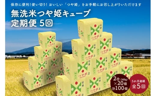 【定期便】令和７年産 無洗米つや姫キューブ２合×２０個を５か月連続お届け　0059-2518