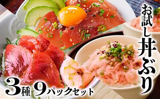 お試し丼ぶり3種9パックセット　A0-63【1505334】 _ 鰹 かつお マグロ 鮪 ネギトロ セット 海鮮丼 丼 海鮮 便利 簡単 冷凍 小分け 人気 おすすめ 送料無料 お試し 食べ比べ 鹿児島県 枕崎 流水解凍 魚介 