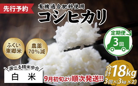 【白米】【定期便3ヶ月連続】令和6年産 新米 ふくい東郷米 特別栽培米 農薬70％減 コシヒカリ 6kg(3kg×2袋)×3ヶ月 合計18kg[E-020021_01]