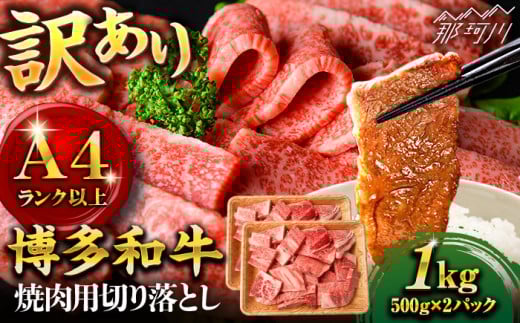 【訳あり】博多和牛 焼肉 切り落とし1kg（500g×2p）＜株式会社MEAT PLUS＞那珂川市 訳あり 焼肉 切り落とし 牛肉 肉 黒毛和牛 国産[GBW118]