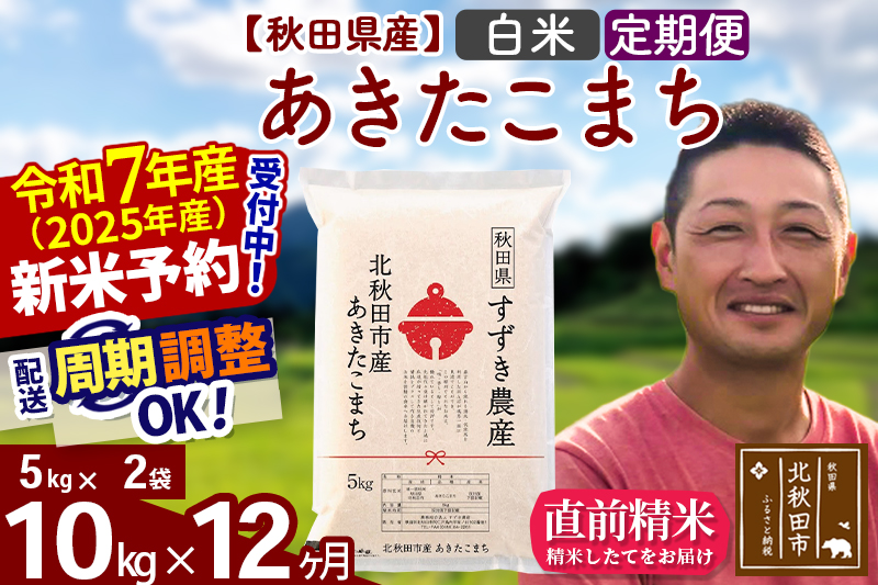 ※令和7年産 新米予約※《定期便12ヶ月》秋田県産 あきたこまち 10kg【白米】(5kg小分け袋) 2025年産 お届け周期調整可能 隔月に調整OK お米 すずき農産