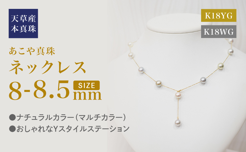 S101-462_あこや真珠 天草 ネックレス ステーション マルチ Y字 2WAY 無調色 8mm - 8.5mm K18
