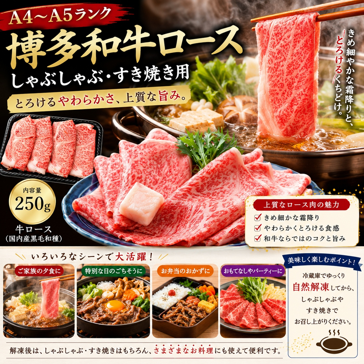 【厳選部位】【A4～A5】博多和牛ロースしゃぶしゃぶすき焼き用 250g | 牛肉 ブランド牛 国産 和牛 福岡 博多 すき焼き しゃぶしゃぶ CP058a