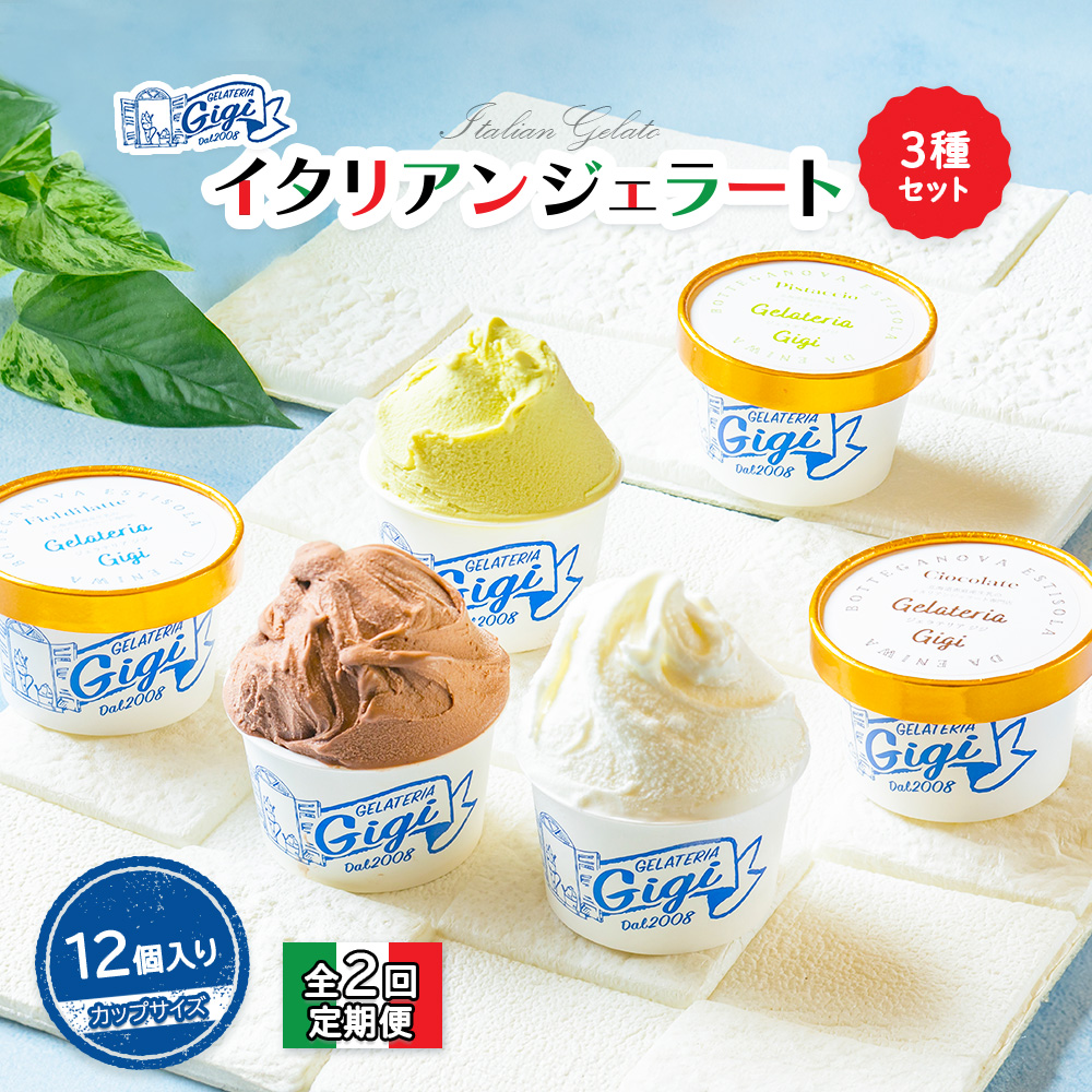 【定期便：全2回】ジェラテリアGigiのイタリアンジェラート3種セット【カップサイズ12個】 牛乳4、ピスタチオ4、チョコレート4【43007301】